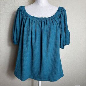 Anthropologie Women's Top Teal‎ Blue Short Sleeve Size M Puffy Sleeves Elodie